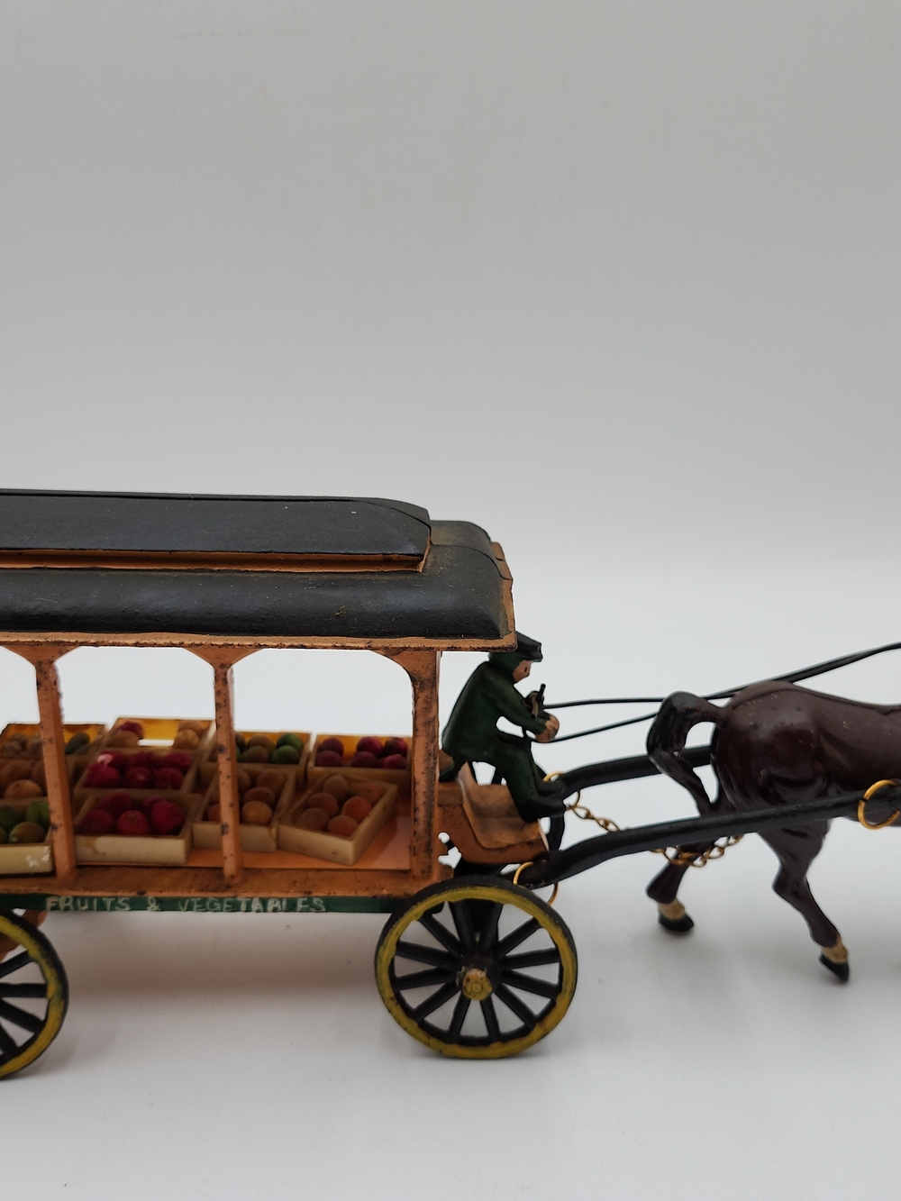 Vintage Cast Iron Horse Drawn Fruit & Vegetable Collectible Wagon with Figurine